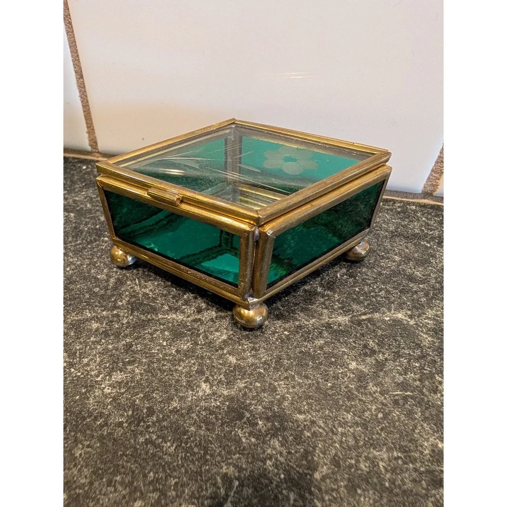 Vintage Mexican Brass Emerald Green Etched Glass Jewelry Trinket Box Mexico